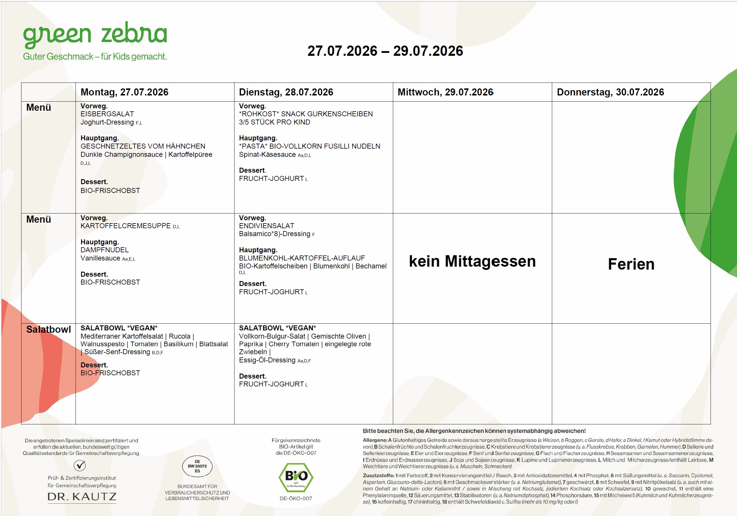 Speiseplan ab 27.07.2026